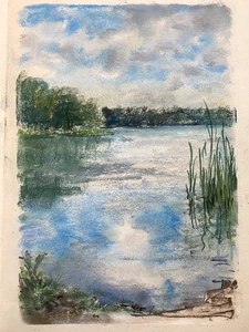 ::FRANZ EHMKE 1928 - 2018 BERLIN PASTELL ANSICHT SEE SCHILF WASSER LICHT WOLKIG - Bild 1 von 4