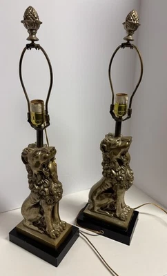 Vintage Pair Of Robert Abbey Brass Lions Table Lamps With Brass Finials 25” High - Image 1 of 4