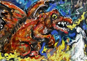 ACEO Original Painting Child NIGHTMARE Subconscious Dream Dragon Fire Sleep ART - Afbeelding 1 van 1