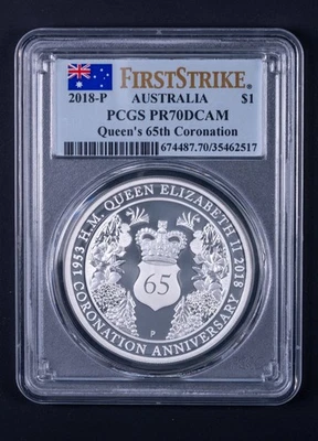2018 Austrália Queen Elizabeth 65th Anniv Coronation $1 PCGS PR70DCAM RB517 - Imagem 1 de 2