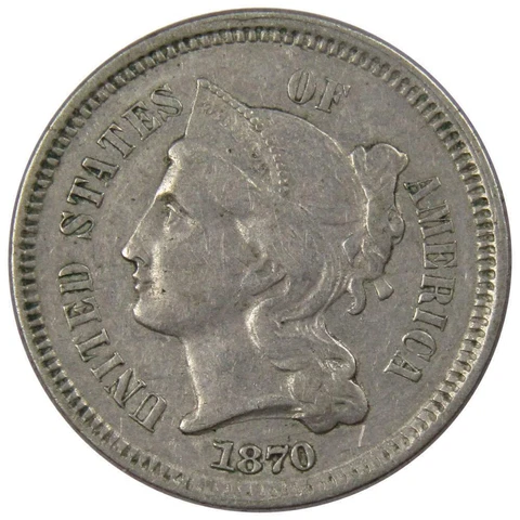 1870 Three Cent Piece XF EF Extremely Fine Nickel 3c US Type Coin Collectible Cover