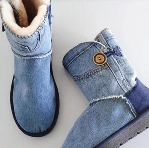 Women's Denim Jean Winter Warm Boots Flat Snow Ankle Shoes Flat Button Cowboy - Picture 1 of 5