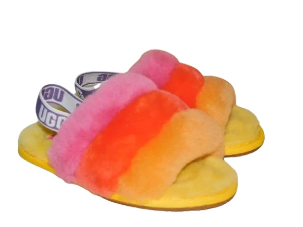 NOVO SEM ETIQUETAS CRIANÇA 12 CHINELOS AMARELOS ARCO-ÍRIS UGG FLUFF YEAH SLIDE PELE DE CARNEIRO 1116160T - Imagem 1 de 1