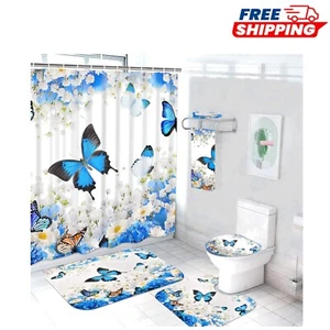 Large 7 Pcs Blue Butterfly Shower Curtain Set with Non-Slip Bath Mat & Towels - Picture 1 of 9