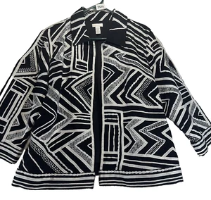 Chico's verzierte Leinenjacke/Blazer Gr. 2 schwarz/weißes Band ohne Verschluss - Bild 1 von 9
