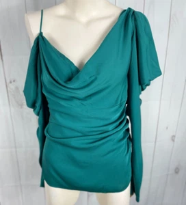 Catherine Malanndrino Green Draped Cowl Neck Cold Shoulder LS Silk Blouse Top 6 - Picture 1 of 8