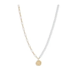 Aqua Womens Textured Disc Link & Imitation Pearl Pendant Necklace Size OS New - Picture 1 of 1