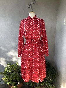 Vtg 80s Dress Polka Dot Red White Crepe Polyester Pleats Sz M - Foto 1 di 11