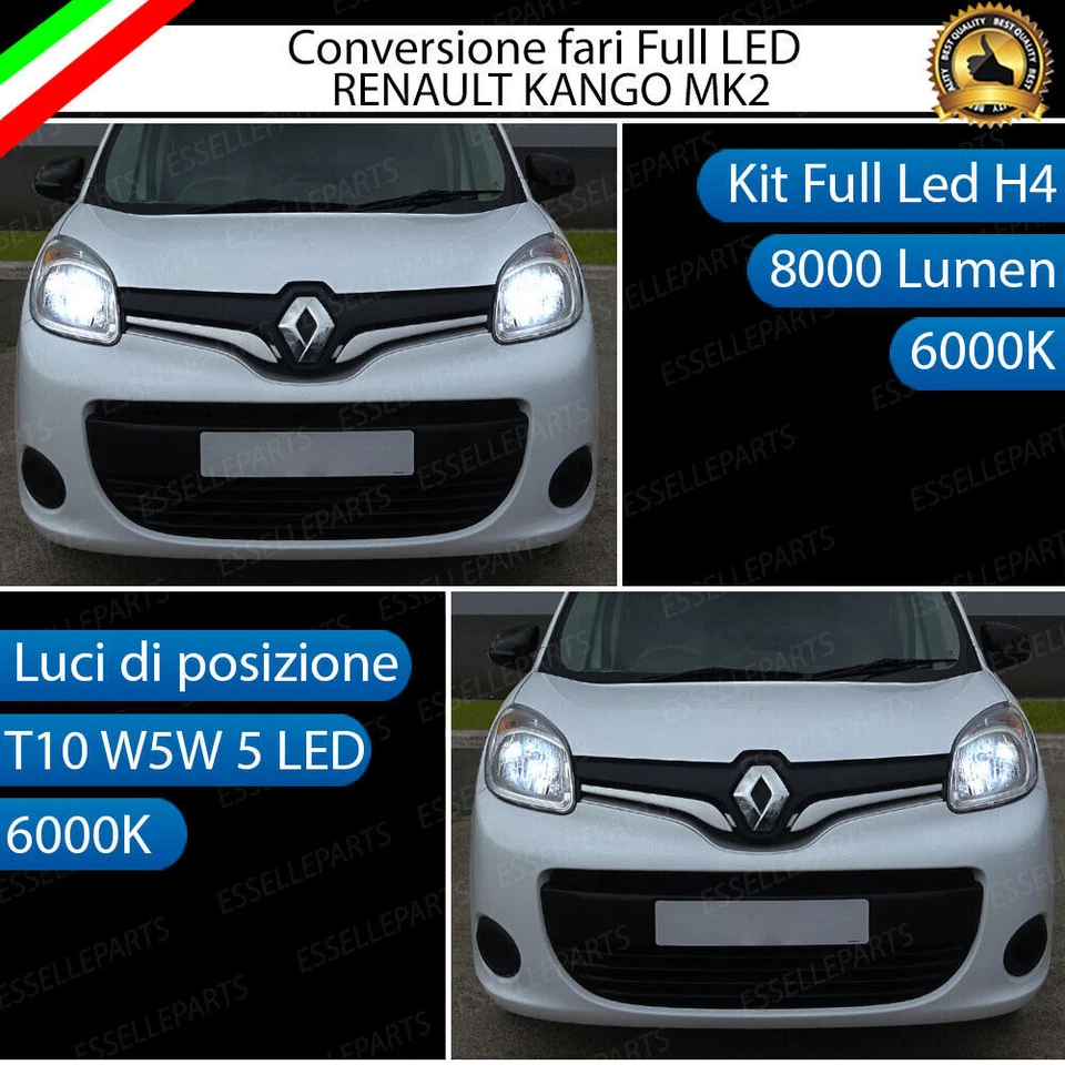 CONVERSIONE LED RENAULT KANGOO MK2 KIT LED H4 + LED POSIZIONE T10 6000K CANBUS - Immagine 1 di 4