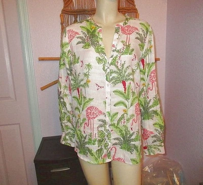 Top túnica de lino Charter Club Palm Beach talla M rosa flamenco abotonado costero Foto 1 de 4