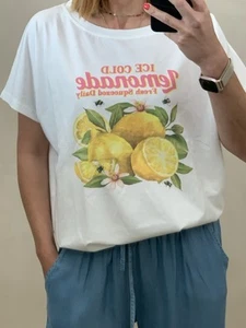 T-Shirt Basic Kurzarm Weiß mit Print "Lemonade" Lemon One Size bis Gr. 42 (N4) H - Bild 1 von 5