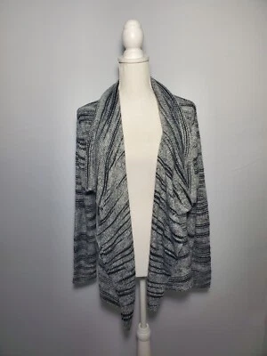 Bass Gray Draped Cardigan Open Front Black Stripes Long Sleeves Women's Large. - Image 1 of 4