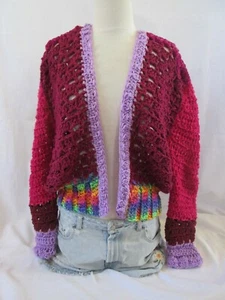 sand951 S/M MAGLIONE CARDIGAN CROPPED MULTICOLORE UNCINETTO HIPPIEE - Foto 1 di 6