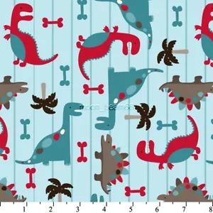 34"L x 45"W Dino World Dinosaur Cotton Fabric Palm Tree Bone Dino Stack blue - Picture 1 of 1