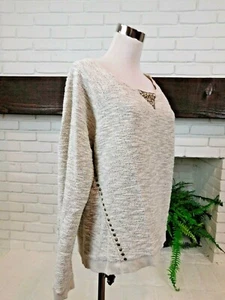 Lucky Lotus Ivory Gold Metallic Metal Studded Long Sleeve Sweatshirt Sz Large - Picture 1 of 6
