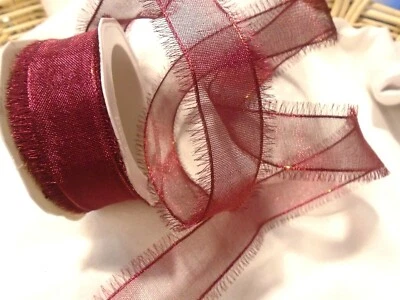  1-1/2" WIDE SHEER DARK RED WIRED RIBBON WITH FRINGE - BTY - made in Germany - Image 1 of 2