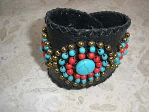 Lederarmband Handarbeit echt Leder Western Biker Türkisperlen - Bild 1 von 2