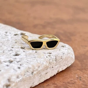 Sonnenbrille 14 Kt Gelbgold schwarze Emaille Schirme verstellbare Größe Zehenring NEU - Bild 1 von 7