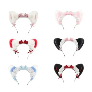 Furry Cats Ears Hair Band Maid Style Soft Bowknot Head Accessory 6 Color - Picture 1 of 14