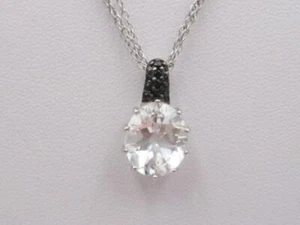 Vintage Sterling Silver White Sapphire & Black Spinel Oval Necklace Pendant - Picture 1 of 8