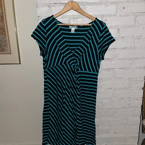 Motherhood Maternity Black Green Stripe Faux Wrap Dress Sz L - Picture 1 of 3