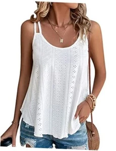 Womens Fashion Tank Tops Eyelet Embroidery Sleeveless Camisole Medium White - Picture 1 of 7