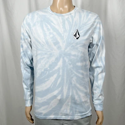 Volcom Men's Medium Blue White Tie Dye Stone Logo Modern Fit Long Sleeve T-Shirt - Image 1 of 4