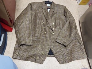 Nwt Nine West Womens Plus Double Breasted Blazer Plaid Black Gold 4x - Picture 1 of 2