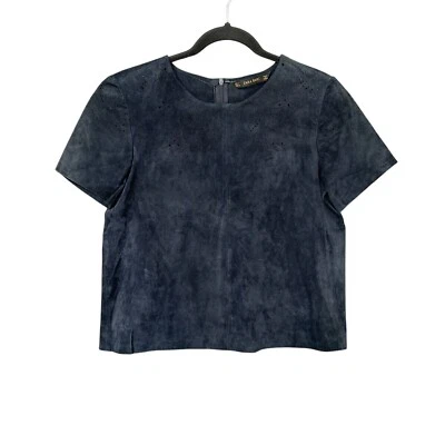 Blusa boho Zara Top para mujer talla S azul marino gamuza cuero perforado corte láser Foto 1 de 4