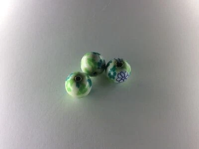 3 x 10mm white/green round handmade polmer clay fimo bead hole 2mm. - Image 1 of 4