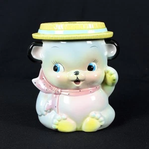 Tarro de galletas de cerámica Rubens Originals Waving Bear # 575, Japón años 50, pegatina - Imagen 1 de 8