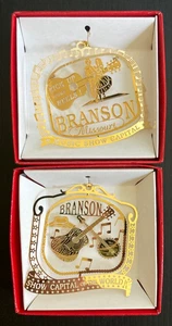 Lote de 2 adornos navideños de latón chapado en oro 24K Branson, Missouri ¡Nuevos en caja! - Imagen 1 de 5