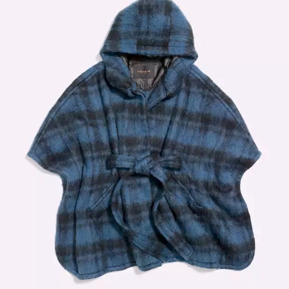 Capa Coach Lana Alpaca Azul Cuadros Capucha Boho Cuadros Primavera Raro Fiesta Clásico Foto 1 de 4