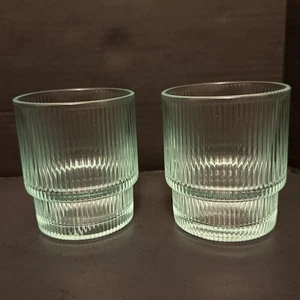 2 Jonathan Adler Biba Glas Becher gerippt Aquamarin durchscheinend ~ 4" H Tassen - Bild 1 von 6