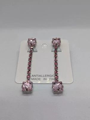 ORECCHINI PENDENTI DONNA PIETRA ROSA COLORE ARGENTO GIOIELLO MADE ITALY - Immagine 1 di 2