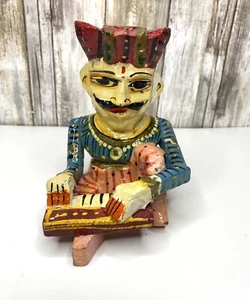India Rajasthani Sitting Musician Carved Wooden Bawla Statue Harmonium Organ - Picture 1 of 10