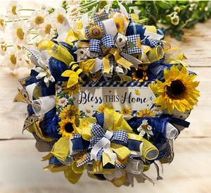 Bless This Home wreath,Spring-Summer wreath,Sunflower Bee wreath,Everyday wreath - Picture 1 of 20