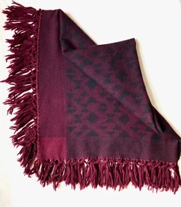 100% Wool Square Tassels Scarf / Shawl Dark Red Black Wrap 52" x 52" W/ Fringe - Picture 1 of 6