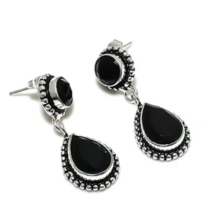 Black Spinel Gemstone 925 Sterling Silver Jewelry Stud Earrings Size 1.45" - Picture 1 of 1