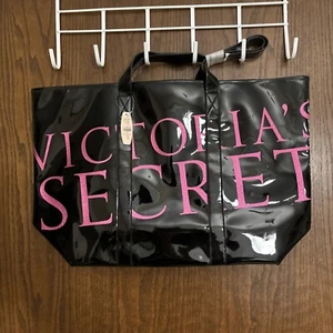 Victoria's Secret Tote Bag Black Vinyl Supermodel Pink Glitter NWT! - Picture 1 of 3
