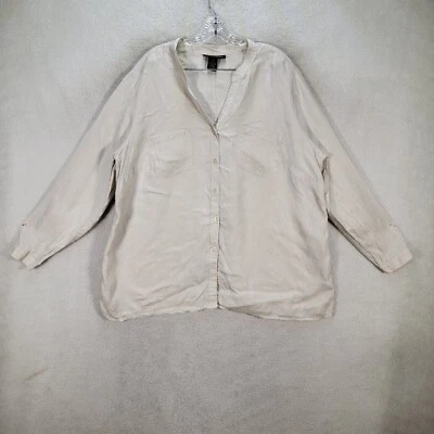 象牙色纯亚麻 V 领经典轻便休闲上衣女式衬衫加大码 2X 码 — 第 1/4 张图片