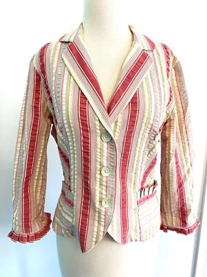 CAbi Womens (4) Seersucker Blazer Jacket Pinstripes 3/4 Sleeves Ruffled Pockets Foto 1 de 4