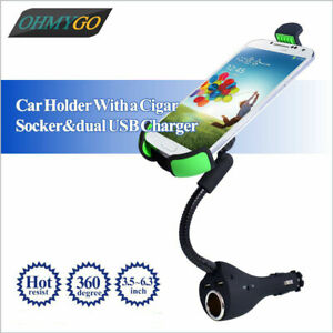 Car Dual USB Charger Mount Phone Holder Gooseneck Stand with Cigarette Lighter