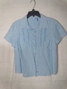 IZOD Women Blouse Ribbed Short Sleeve Size 1X Button Up Shirt Blue Striped - Picture 1 of 7