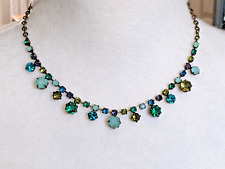 Avon Marked N R Vintage bronze Tone Necklace blue green rhinestones choker 16.5"