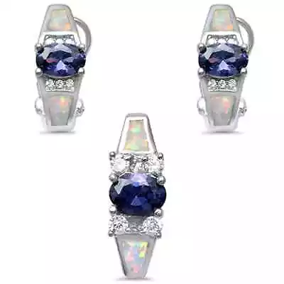 White Opal, Tanzanite, & Cz .925 Sterling Silver Pendant & Earrings Set - Image 1 of 2
