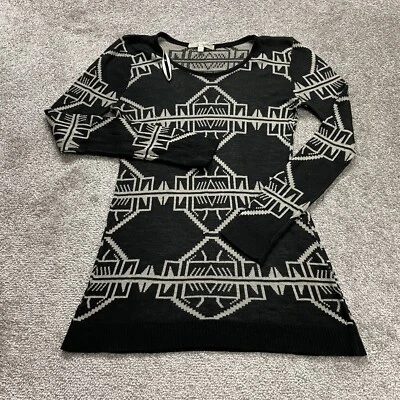 Say What? Tunic Top Womens Junior Large Black White Geometric Long Sleeve Knit - Image 1 of 4