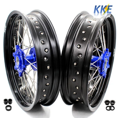 KKE 17" Motard Supermoto Wheels Fit Yamaha WR250R 2008-2020 CNC Blue Hubs - Image 1 of 4