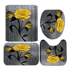 Rose Bathroom Rug Set Shower Curtain Rug Mat Toilet Lid Cover NonSlip Waterproof - Picture 1 of 31