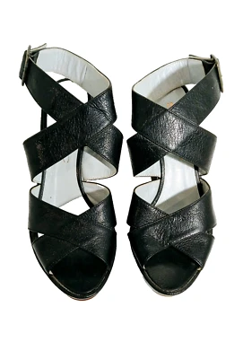 SAcco  Open Toe 4 1/2" Wedges Sandals  Black Shoes Buckle Strap Women Size 37 - Image 1 of 4